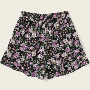 Shein Black Ruffle Elastic Waist Shorts with Purple Floral Pattern and Pockets